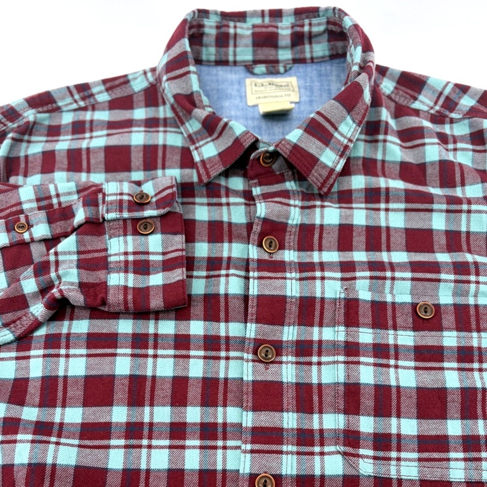 LL Bean Mens Large Traditional Fit Plaid Flannel Shirt Burgundy Blue 513053